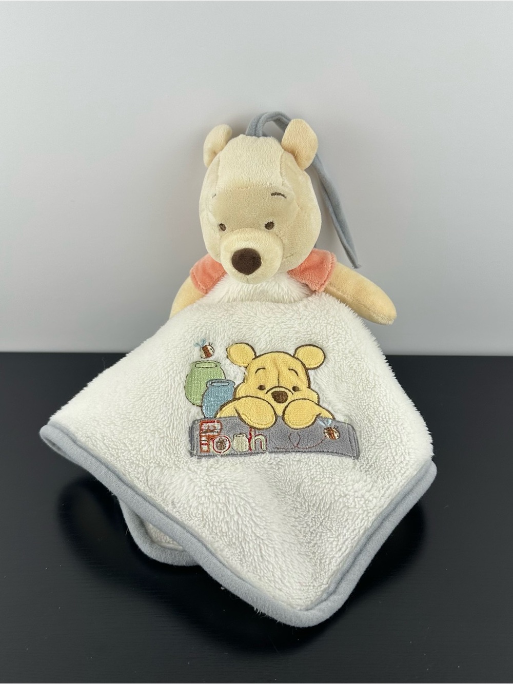 Winnie the Pooh Lovey Baby Security Blanket White Bee Pots Applique Plush